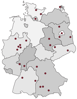 Karte mit Nagelkreuzzentren in Deutschland
